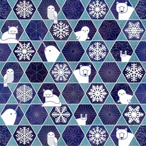 Snowflakes and Arctic Animals Patchwork- Geometric Sashiko- Navy Blue and Turquoise Medium- Canadian Wildlife- Polar Bear-Narwhal- Baby Seal- Fox- Owl- Rabbit