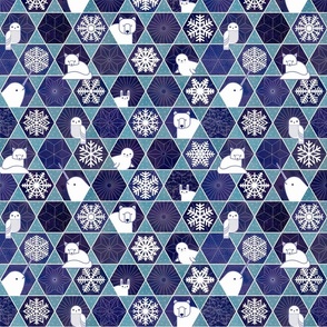Snowflakes and Arctic Animals Patchwork- Geometric Sashiko- Navy Blue and Turquoise Small- Canadian Wildlife- Polar Bear-Narwhal- Baby Seal- Fox- Owl- Rabbit- Kids Face Mask- Quilt Blender