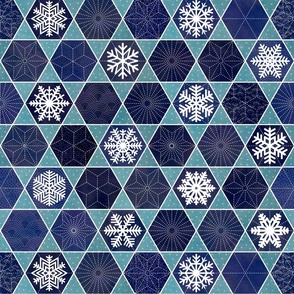 Sashiko Snowflakes - Winter Patchwork- Navy Blue and Turquoise Medium- Wallpaper- Home Decor