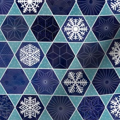 Sashiko Snowflakes - Winter Patchwork- Navy Blue and Turquoise Small Scale
