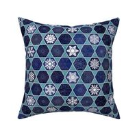 Sashiko Snowflakes - Winter Patchwork- Navy Blue and Turquoise Small Scale