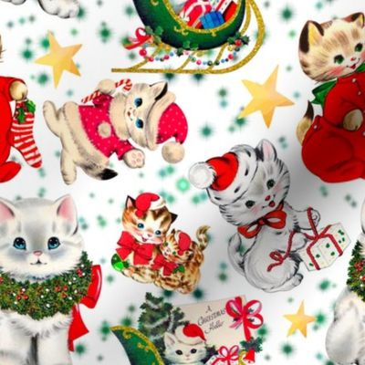 Vintage Christmas Kitty Cats Santa Hats 8” repeat 