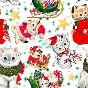 Vintage Christmas Kitty Cats Santa Hats 8” repeat 