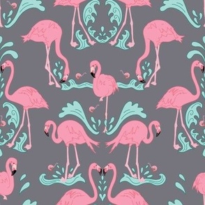 Flamingo Dance Damask, Iron Grey