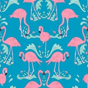 Flamingo Dance Damask, Cyan