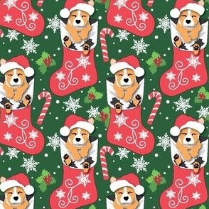 Pembroke Welsh Corgi Puppy Christmas Stocking Candy Cane green dog fabric small print