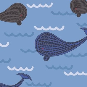 342 - Whale Watch Trip - 100 Pattern Project: jumbo scale playful whales amongst the waves, for children's  wallpaper, nursery home decor and masculine  soft furnishings