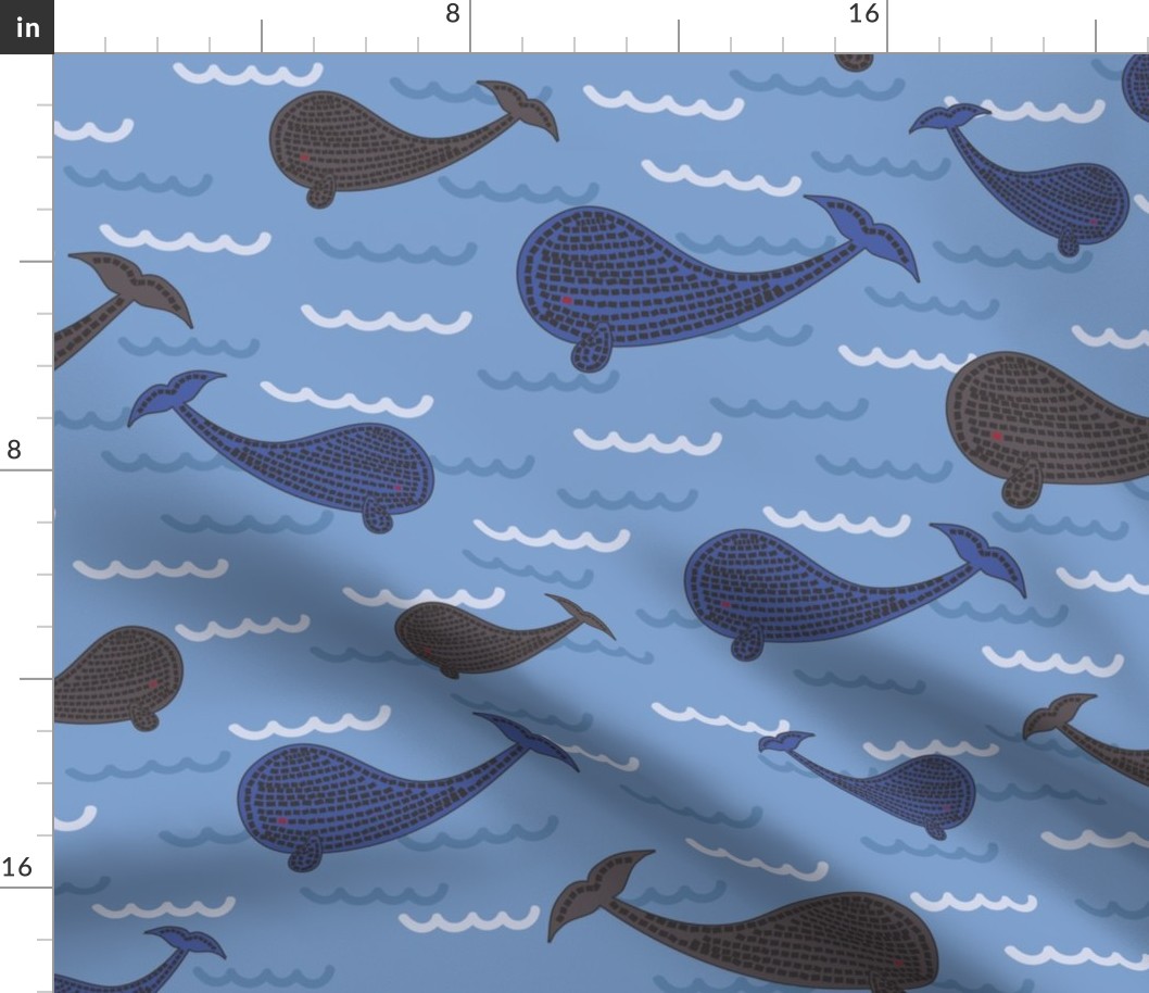 342 - Whale Watch Trip - 100 Pattern Project: jumbo scale playful whales amongst the waves, for children's  wallpaper, nursery home decor and masculine  soft furnishings