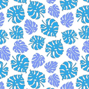 Monstera Leaves in Freefall - Pacific blue & lilac on white  - medium to large 