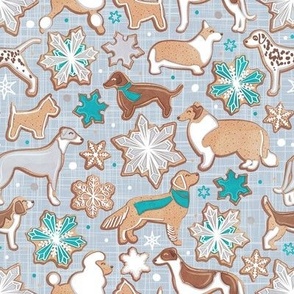 Small scale // Catching ice and sweetness // pastel blue background gingerbread white brown grey and dogs and snowflakes turquoise details