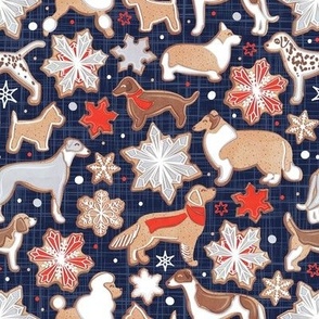 Small scale // Catching ice and sweetness // navy blue background gingerbread white brown grey and dogs and snowflakes neon red details