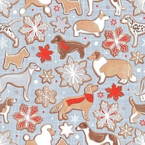 Small scale // Catching ice and sweetness // pastel blue background gingerbread white brown grey and dogs and snowflakes neon red details