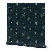 Delicate winter night leaves and stars snow boho garden nursery design sage green on blue  boys