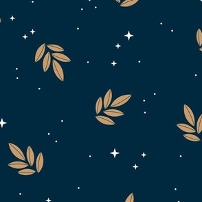 Delicate winter night leaves and stars snow boho garden nursery design caramel sienna on navy blue  boys