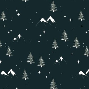 Winter wonderland mountains and pine trees wild nature landscape with snow and stars green white on deep navy