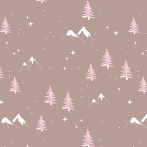 Winter wonderland mountains and pine trees wild nature landscape with snow and stars pink white on beige latte