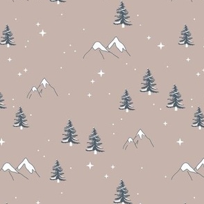 Winter wonderland mountains and pine trees wild nature landscape with snow and stars green white on beige latte