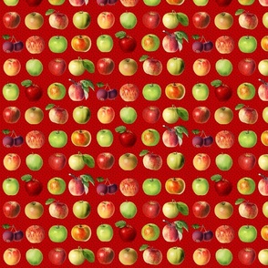 Tiny apples and black dots on red ground