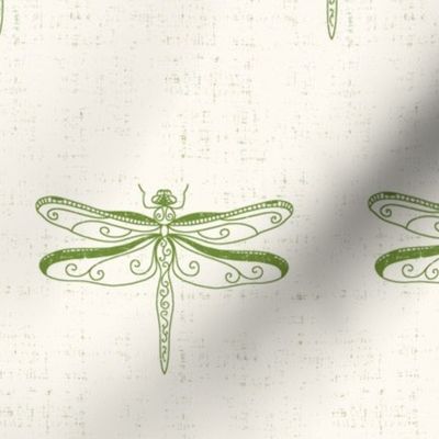 dragonflies with linen texture in green and ivory