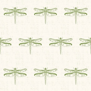 dragonflies with linen texture in green and ivory