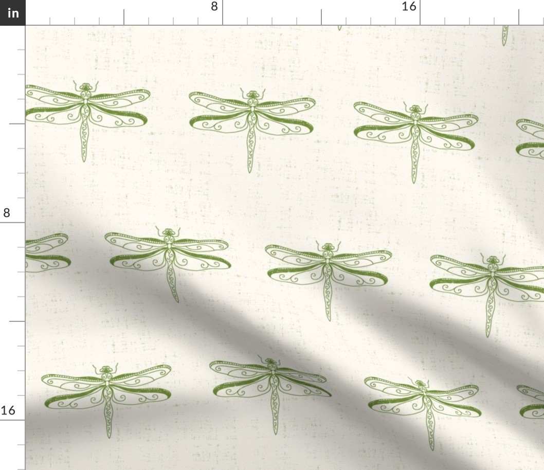 dragonflies with linen texture in green and ivory