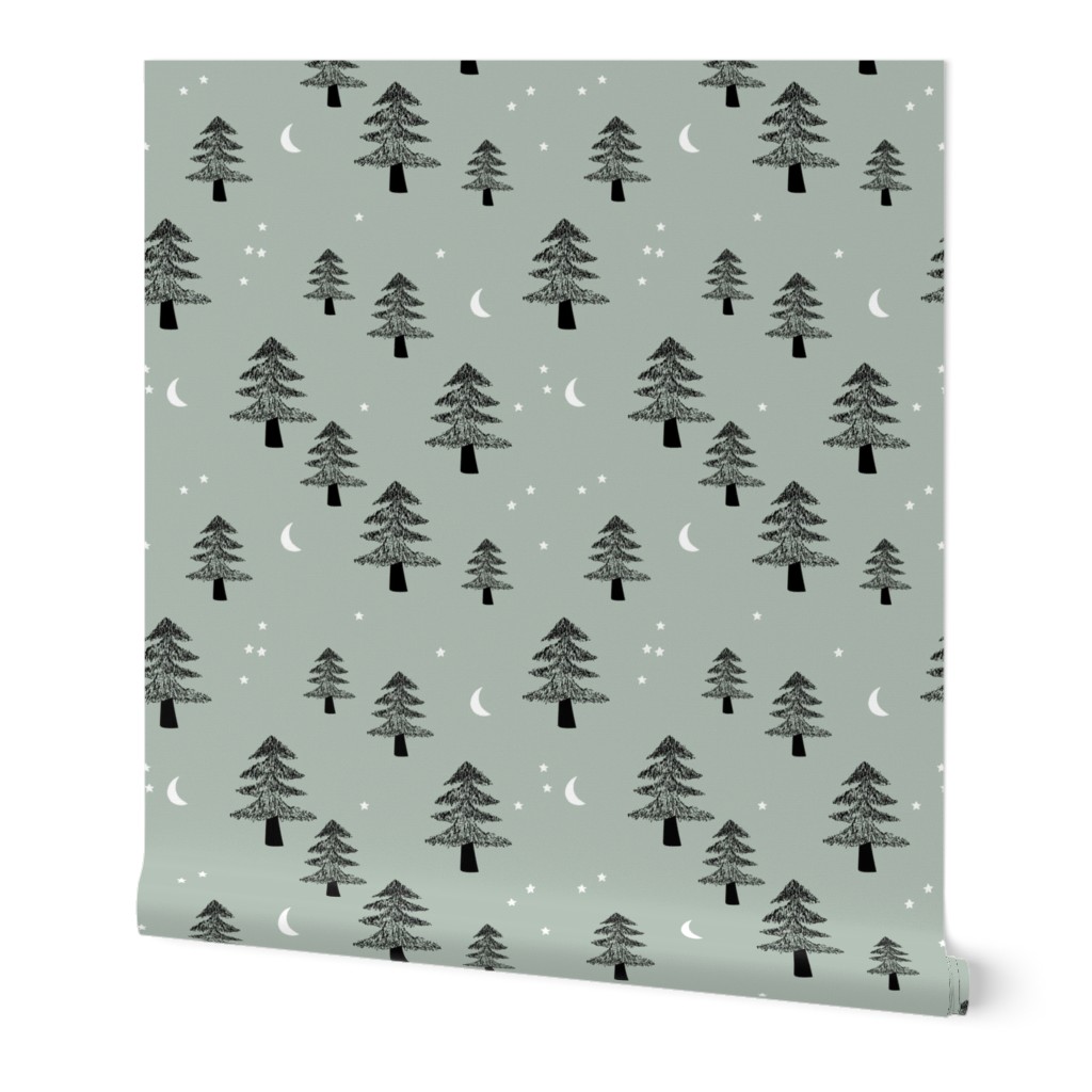 Boho Christmas forest with pine trees moon and stars winter night black on sage green