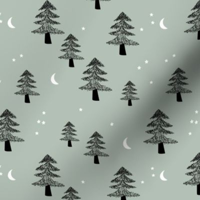 Boho Christmas forest with pine trees moon and stars winter night black on sage green