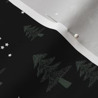 Boho Christmas forest with pine trees moon and stars winter night green black