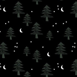 Boho Christmas forest with pine trees moon and stars winter night green black