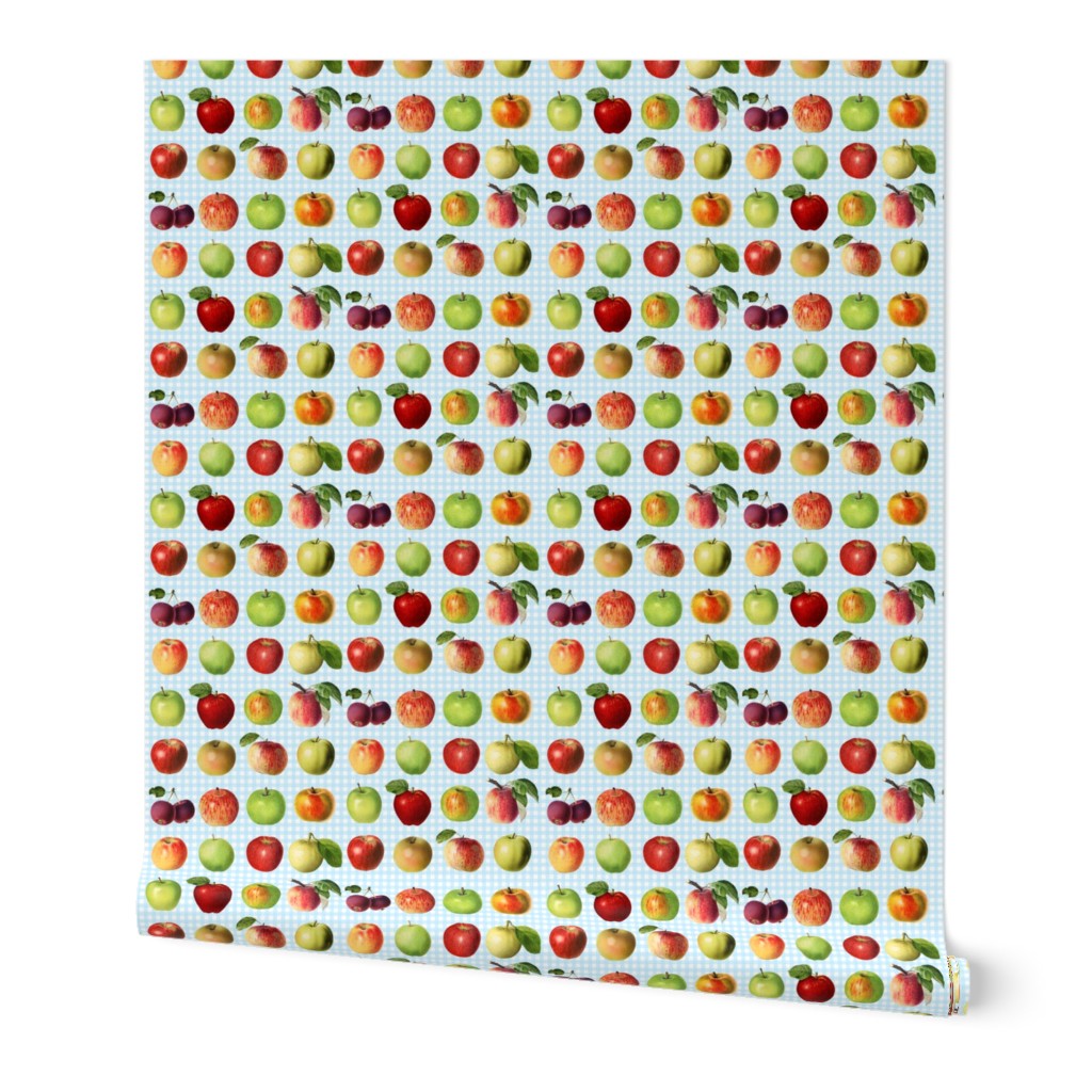 Tiny apples on bright blue gingham