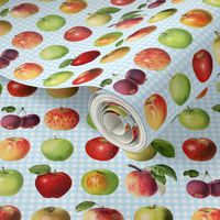 Tiny apples on bright blue gingham