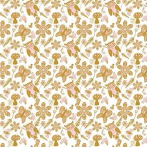 Folk Art Forest Pattern- Cotton Candy Pink and Mustard Yellow