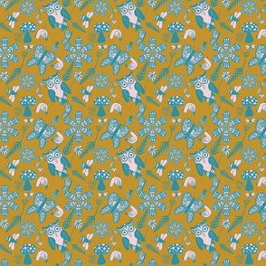 Folk Art Forest Pattern- Cotton Candy Pink, Lagoon Blue, and Mustard Yellow