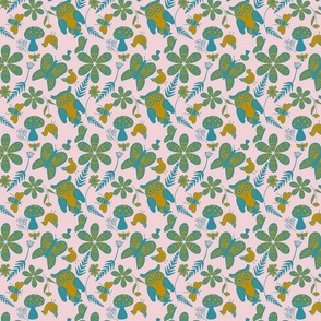 Folk Art Forest Pattern- Cotton Candy Pink, Lagoon Blue, and Mustard Yellow