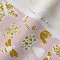 Folk Art Forest Pattern in Cotton Candy Pink and Mustard Yellow