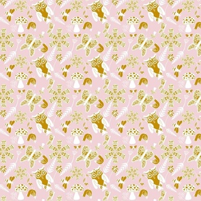 Folk Art Forest Pattern in Cotton Candy Pink and Mustard Yellow
