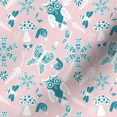 Folk Art Forest Pattern- Cotton Candy Pink and Lagoon Blue