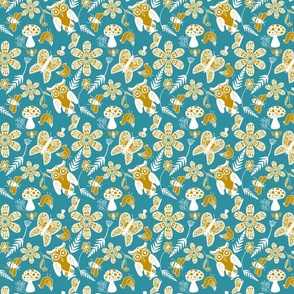 Folk Art Forest Pattern- Lagoon Blue and Mustard Yellow