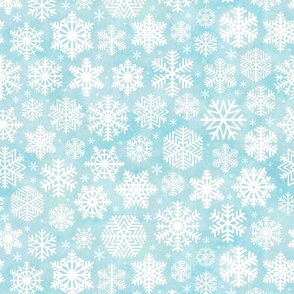 White Snowflakes on Light Turquoise Blue Background Medium- Winter- Home Decor- Wallpaper- Quilt Blender- Ditsy