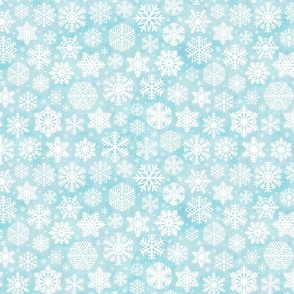 White Snowflakes on Light Turquoise Blue Background Small Scale- Winter- Quilt Blender- Ditsy- Face mask