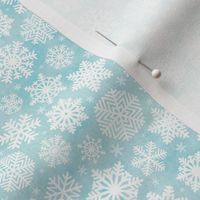 White Snowflakes on  Light Turquoise Blue Background Mini- Small Scale- Winter- Quilt Blender- Ditsy- Face mask