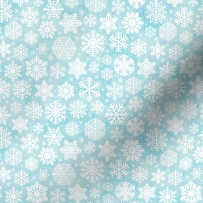 White Snowflakes on  Light Turquoise Blue Background Mini- Small Scale- Winter- Quilt Blender- Ditsy- Face mask