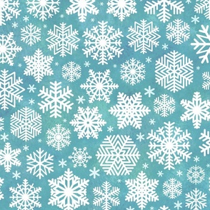 White Snowflakes on Turquoise Blue Background Large Scale- Winter- Home Decor- Wallpaper- Multidirectional