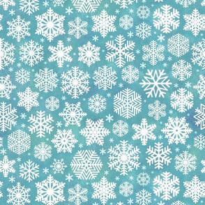 White Snowflakes on Turquoise Blue Background Medium- Winter- Home Decor- Wallpaper- Quilt Blender- Ditsy
