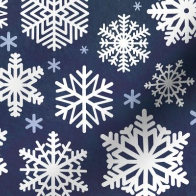 White Snowflakes on Navy Blue Background Large Scale- Winter- Home Decor- Wallpaper- Multidirectional
