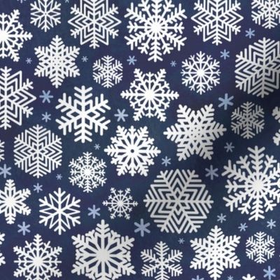 White Snowflakes on Navy Blue Background Small Scale- Winter- Quilt Blender- Ditsy- Face mask