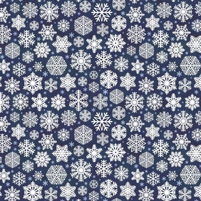 White Snowflakes on Navy Blue Background Small Scale- Winter- Quilt Blender- Ditsy- Face mask