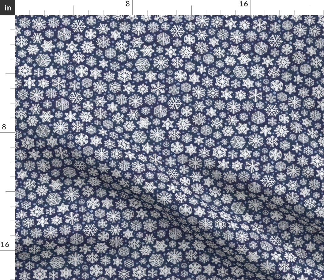 White Snowflakes on Navy Blue Background Mini- Small Scale- Winter- Quilt Blender- Ditsy- Face mask