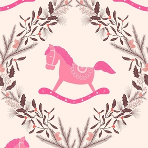 Christmas Wreath and Wooden Horse in Pink Large