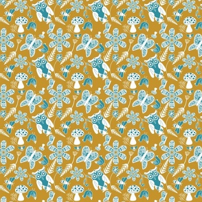 Folk Art Forest Pattern- Lagoon Blue and Mustard Yellow